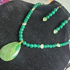 Green Mined Onix, and Striped Agate Necklace and Earring Set